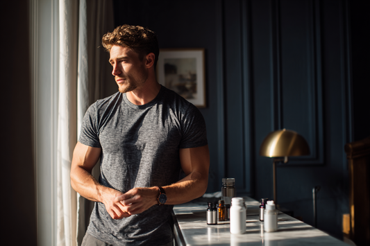 A confident modern man organizing a realistic daily wellness routine at home, representing structure, balance, and sustainable men’s health habits