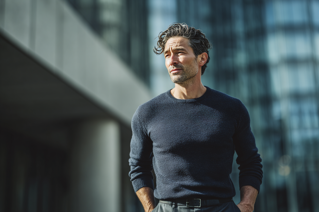 A confident modern man walking outdoors with strong posture and calm energy, representing circulation, physical readiness, and daily male vitality