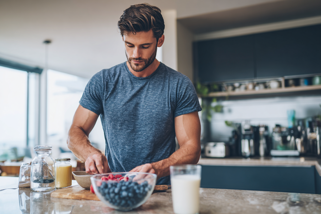 A modern man preparing a balanced breakfast in a bright kitchen, representing foundational nutrition, daily discipline, and men’s wellness support