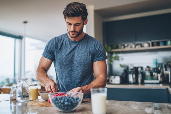 A modern man preparing a balanced breakfast in a bright kitchen, representing foundational nutrition, daily discipline, and men’s wellness support