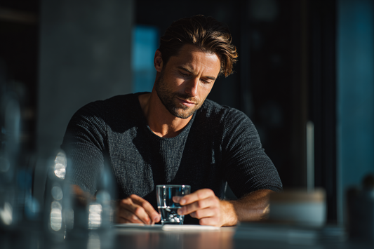 A modern man reviewing a thoughtful daily wellness routine in a refined setting, representing balanced formula design and informed men’s health choices