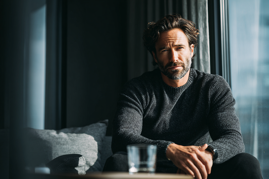 A modern man taking a calm pause in a busy day, representing recovery, stress management, and steady male vitality