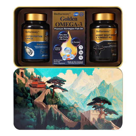Open gift tin set with Great Wall scenic lid, containing BioHarmony Oyster Peptide & Maca, Golden Omega-3 fish oil, and Horny Goat Weed & Tongkat Ali capsules.